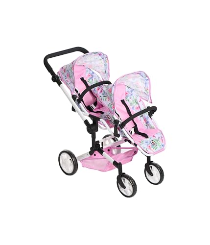 Bayer Chic 2000® Puppenwagen Linus Duo – Flowers Rosa – Faltbarer Zwillingspuppenwagen – Verstellbarer Griff 50-82 cm – Puppen bis 50 cm – 4-8 J. von Bayer Chic 2000