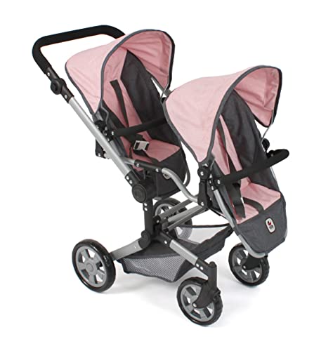 Bayer Chic 2000 - Puppenwagen Linus Duo, Zwillingspuppenwagen für Kinder von 4 bis 8 Jahren, Melange dunkelgrau, rosa, 690-81 von Bayer Chic 2000