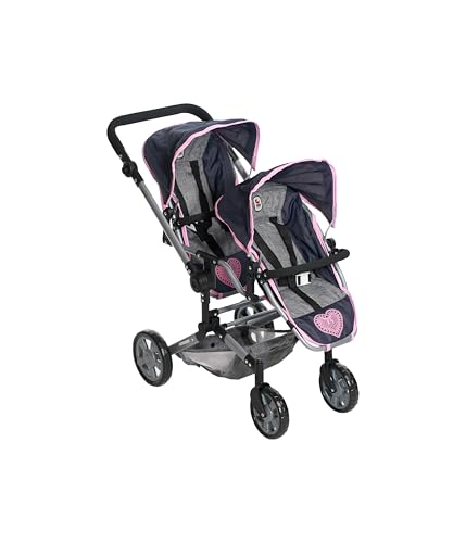 Bayer Chic 2000® Puppenwagen Linus Duo – Melange Grau Navy – Faltbarer Zwillingspuppenwagen – Verstellbarer Griff 50-82 cm – Puppen bis 50 cm – 4-8 J. von Bayer Chic 2000