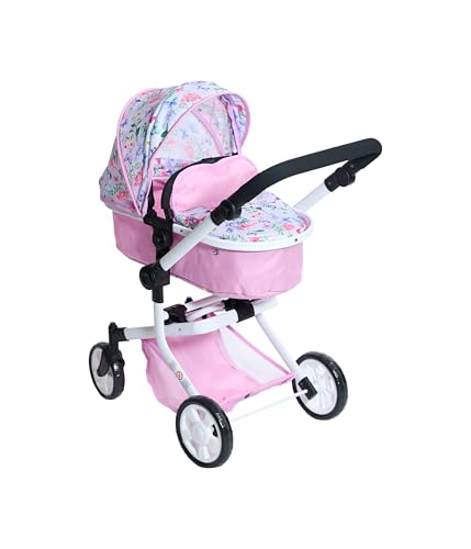 Bayer Chic 2000 - Puppenwagen Mika, 2in1 Kombipuppenwagen für Kinder von 4 bis 8 Jahren, Kinderwagen für Puppen bis 52 cm, Flowers, rosa von Bayer Chic 2000