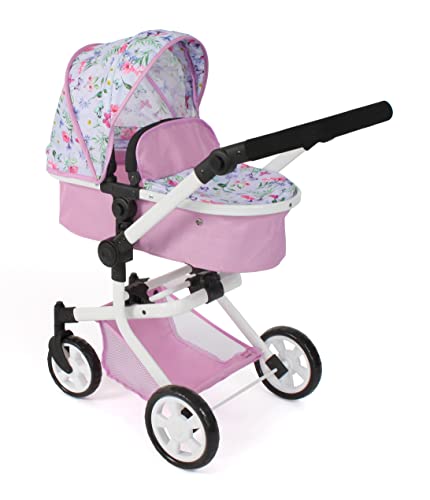 Bayer Chic 2000 - Puppenwagen Mika, 2in1 Kombipuppenwagen für Kinder von 4 bis 8 Jahren, Kinderwagen für Puppen bis 52 cm, Flowers, rosa von Bayer Chic 2000