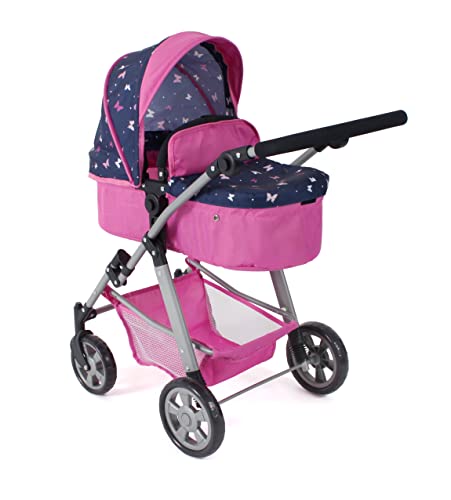 Bayer Chic 2000 - Puppenwagen Nele, 2-in-1 Kombipuppenwagen für Kinder von 3 bis 8 Jahren, Puppenkinderwagen mit umwandelbarer Babywanne, Kinderwagen für Puppen bis 50 cm Größe, Butterfly, Navy-pink von Bayer Chic 2000