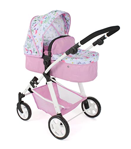 Bayer Chic 2000 - Puppenwagen Nele, 2-in-1 Kombipuppenwagen für Kinder von 3 bis 8 Jahren, Puppenkinderwagen mit umwandelbarer Babywanne, Kinderwagen für Puppen bis 50 cm Größe, Flowers, pink von Bayer Chic 2000