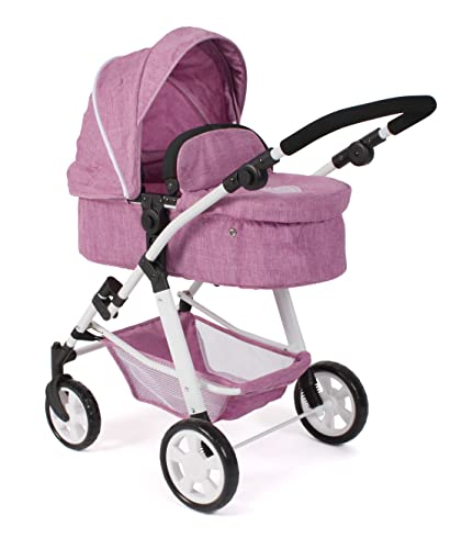 Bayer Chic 2000 - Puppenwagen Nele, 2-in-1 Kombipuppenwagen für Kinder von 3 bis 8 Jahren, Puppenkinderwagen mit umwandelbarer Babywanne, Kinderwagen für Puppen bis 50 cm Größe, Jeans pink von Bayer Chic 2000