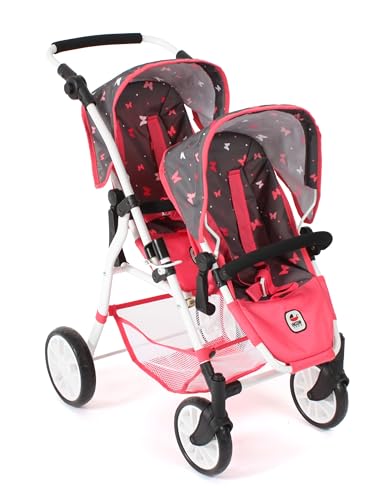 Bayer Chic 2000 - Puppenwagen Twinny, Zwillingspuppenwagen für Zwei Puppen, Zwillingsbuggy für Kinder von 4 bis 8 Jahren, Butterfly, Koralle, 691-47 von Bayer Chic 2000