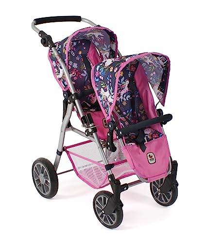 Bayer Chic 2000-Puppenwagen Twinny, Zwillingspuppenwagen für Zwei Puppen, Zwillingsbuggy für Kinder von 4 bis 8 Jahren, Einhorn, navy-pink, 691-43 von Bayer Chic 2000