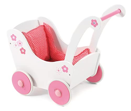 Holzpuppenwagen für Baby-Puppen bis 54 cm, Puppenwagen aus Holz, Schiebehöhe 43 cm von Bayer Chic 2000