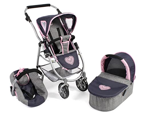 Puppenwagen Emotion All In, 3in1 Puppenwagen-Set bestehend aus Babywanne, Sportsitz und Autositz, Melange Grau-Navy von Bayer Chic 2000