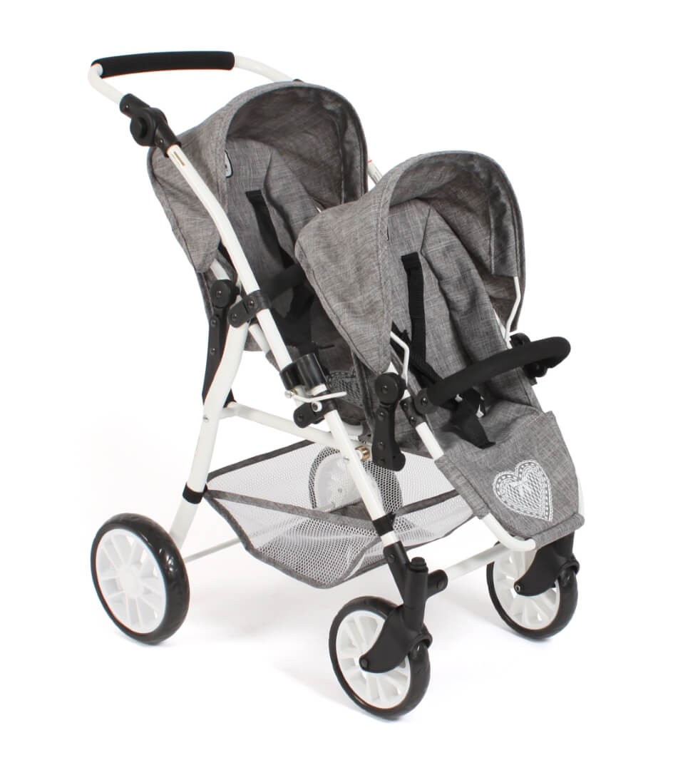 Puppenwagen Tandem-Buggy "TWINNY" Jeans grey - Zwillingssportwagen für Puppen von Bayer Chic 2000