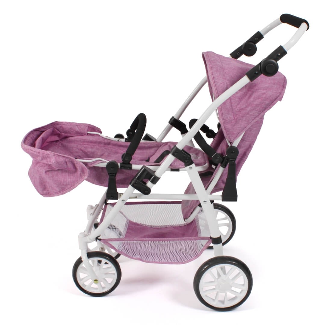 Puppenwagen Tandem-Buggy "VARIO" Jeans pink - - Puppenbuggy für 2 Puppen von Bayer Chic 2000