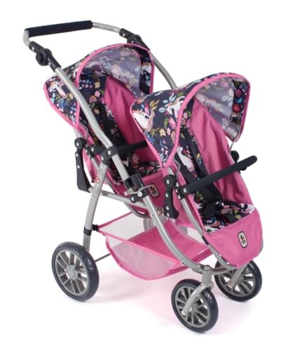 Bayer Chic 2000 Puppenwagen Vario, Zwillingsbuggy für Zwei Puppen, Tandem-Puppenwagen für Kinder von 4 bis 8 Jahren, Einhorn, Navy-pink, 689-43 von Bayer Chic 2000