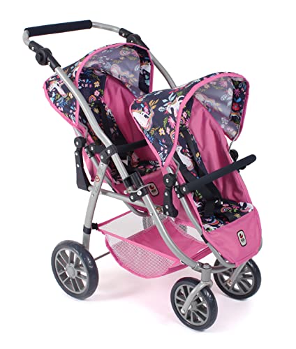 Bayer Chic 2000 Puppenwagen Vario, Zwillingsbuggy für Zwei Puppen, Tandem-Puppenwagen für Kinder von 4 bis 8 Jahren, Einhorn, Navy-pink, 689-43 von Bayer Chic 2000