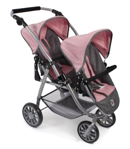 Tandembuggy Vario, Zwillingsbuggy für Zwei Puppen, Puppenwagen für Kinder von 4 bis 8 Jahren, Melange Grau-rosa von Bayer Chic 2000