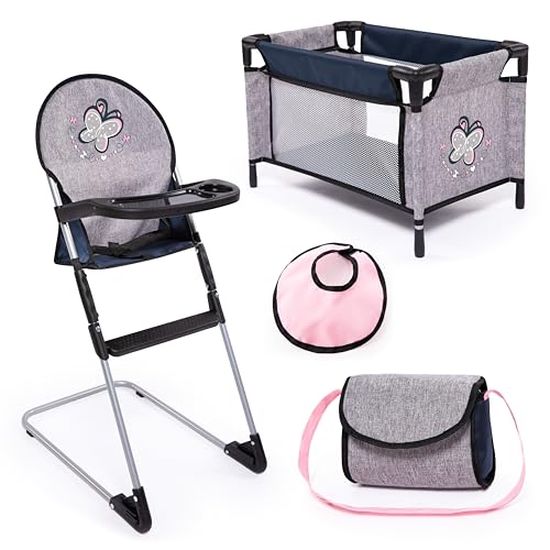 Bayer 63227AB Deluxe Zubehör Puppenhochstuhl, Latz, Tasche und Reisebett, Puppenzubehör, Set für Puppen, grau, rosa mit Schmetterling von Bayer Design