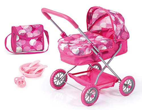 Bayer Design 12241AB Puppenwagen Smarty, Puppenwagenset mit Tasche, Schnuller und Teller mit Essbesteck, pink mit Muster von Bayer Design