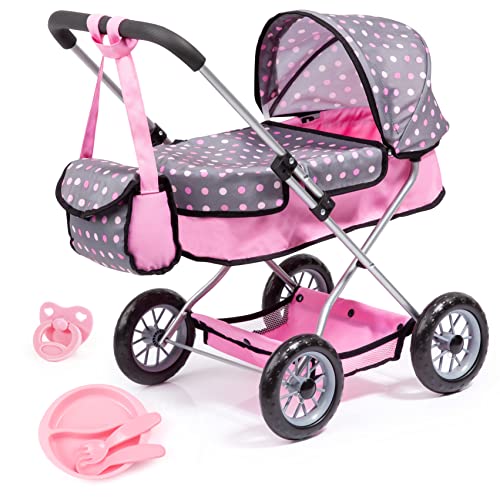 Bayer Design 12266AB Puppenwagen Smarty, mit Tasche, Puppenzubehör, Schnuller und Besteck mit Teller, grau, rosa, Punkte von Bayer Design