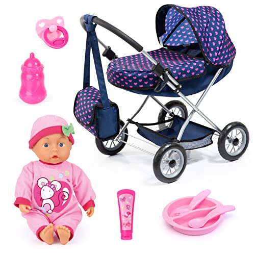 Bayer Design 12554AB Puppenwagen Set mit Babypuppe, die spricht, Puppenzubehör, Tasche, rosa, blau von Bayer Design