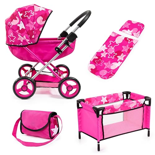 Bayer Design 12749AA Puppenwagen Cosy, integrierter Korb, faltbar, mit Puppenbett, Decke, Kissen, Tasche, Puppenzubehörset, Rosa von Bayer Design