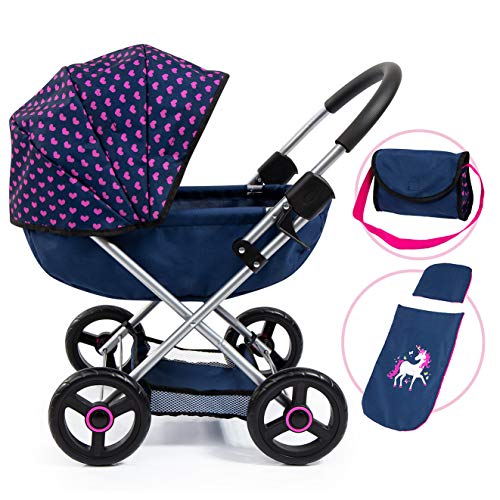 Bayer Design 12754AA Puppenwagen, zusammenklappbar, inklusive Tasche und Bettdecke, mit großen Reifen, modern, rosa, Einhornmotiv, blau Cosy, 46 cm von Bayer Design