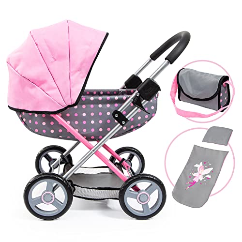 Bayer Design 12766AA Puppenwagen Cosy, zusammenklappbar, inklusive Tasche und Bettdecke, modern, grau, Punkten, rosa gepunktet, 46 cm von Bayer Design