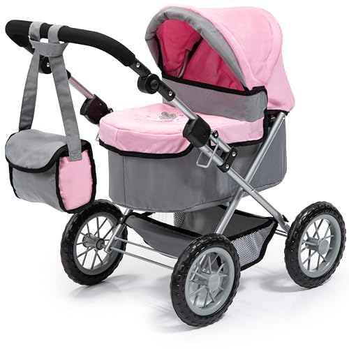 Bayer Design 13008AA Puppenwagen Trendy, mit Tasche, höhenverstellbarer Griff, große Räder, integrierter Korb, faltbar, Grau/Rosa von Bayer Design