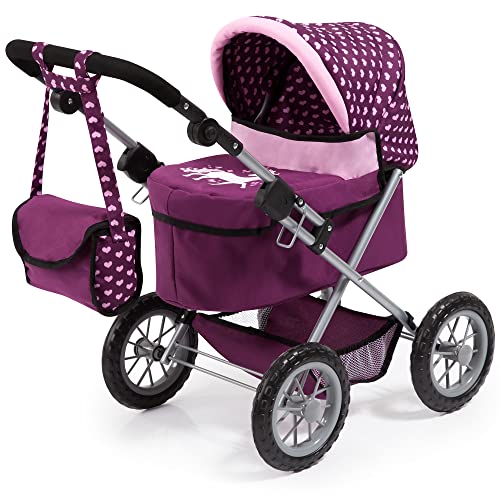 Bayer Design - 13037AA Puppenwagen Trendy, höhenverstellbar, zusammenklappbar, mit Umhängetasche und integriertem Einkaufskorb, 67 cm x 41 cm x 68 cm, Pflaume, Lila, Rosa von Bayer Design