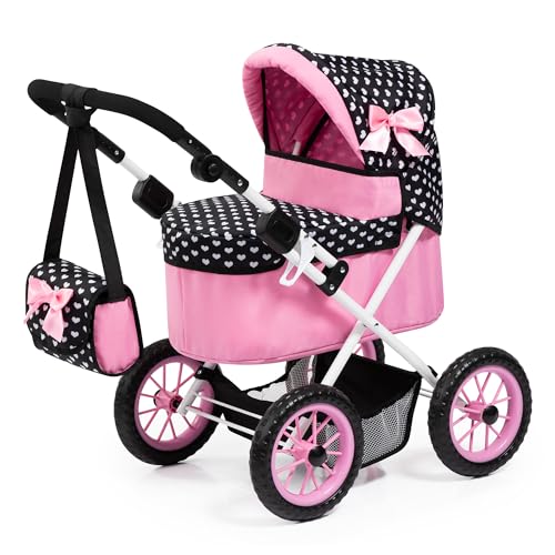 Bayer Design 13060AA Puppenwagen Trendy, mit Tasche, höhenverstellbarer Griff, große Räder, integrierter Korb, faltbar, Schwarz, Rosa, Weiß von Bayer Design