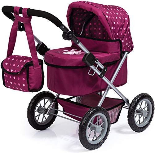 Bayer Design 13067AA Puppenwagen Trendy, mit Tasche, höhenverstellbarer Griff, große Räder, integrierter Korb, faltbar, Bordeaux, Rosa, Fee von Bayer Design