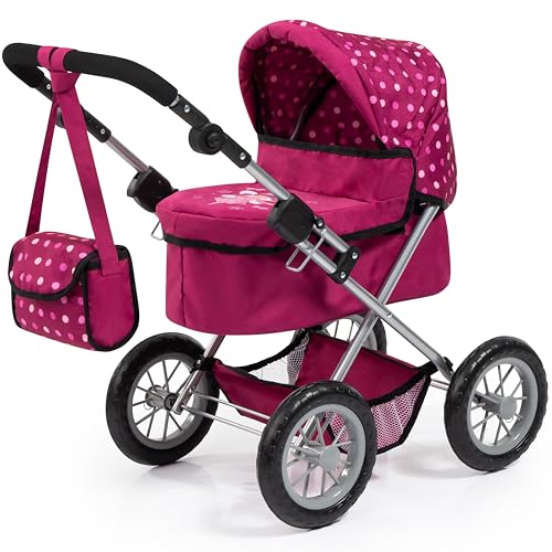 Bayer Design 13067AA Puppenwagen Trendy, mit Tasche, höhenverstellbarer Griff, große Räder, integrierter Korb, faltbar, Bordeaux, Rosa, Fee von Bayer Design