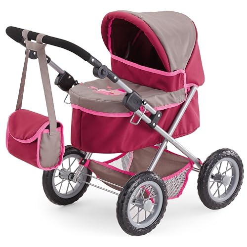 Bayer Design 13078AA Puppenwagen Trendy, höhenverstellbar, zusammenklappbar, mit Umhängetasche und integriertem Einkaufskorb, 67 x 41 x 67 cm, Grau/Pink von Bayer Design