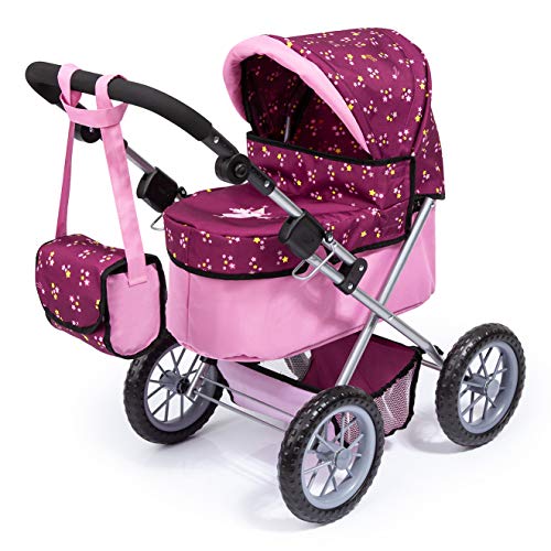 Bayer Design 13088AA Puppenwagen Trendy, höhenverstellbar, zusammenklappbar, mit Tragetasche und Einkaufskorb, Pflaume, pink mit Fee und Sternen von Bayer Design