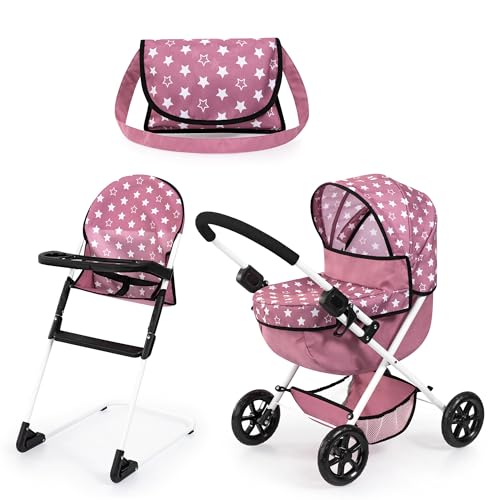 Bayer Design 13776AB Set Puppenwagen faltbar, Softer Griff, mit Tasche, Hochstuhl, Nordisches Rosa von Bayer Design