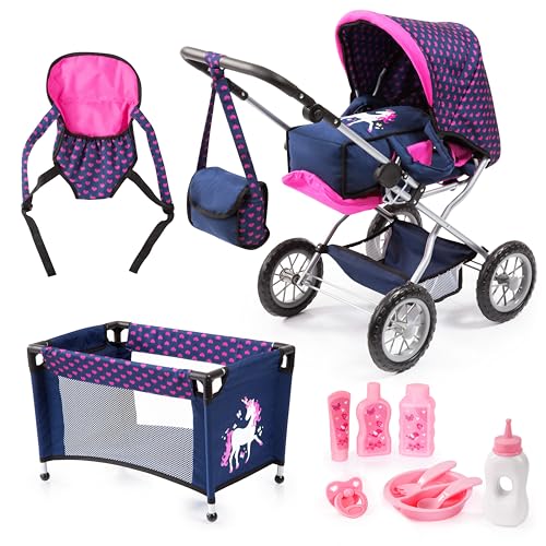 Bayer Design 15054AB Puppenwagen Grande mit Tasche, Puppenbett, Puppentrage, Puppenzubehör, höhenverstellbarer Griff, herausnehmbare Tragetasche, Blau, Rosa, Einhorn von Bayer Design