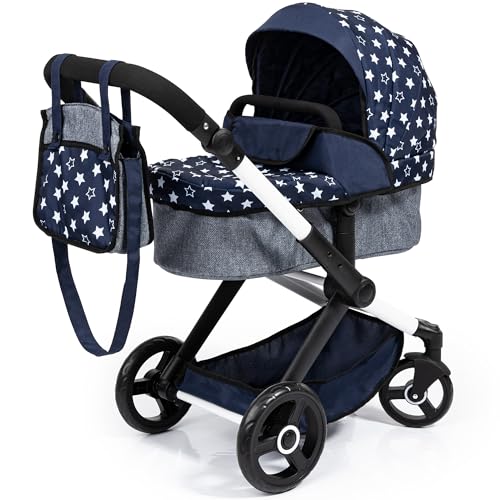 Bayer Design 17015AA Puppenwagen Xeo mit Tasche, höhenverstellbarer Griff, Schwenkschieber, wandelbar als Puppenjogger, bewegliche Vorderräder, integrierter Korb, Blau, Weiß von Bayer Design