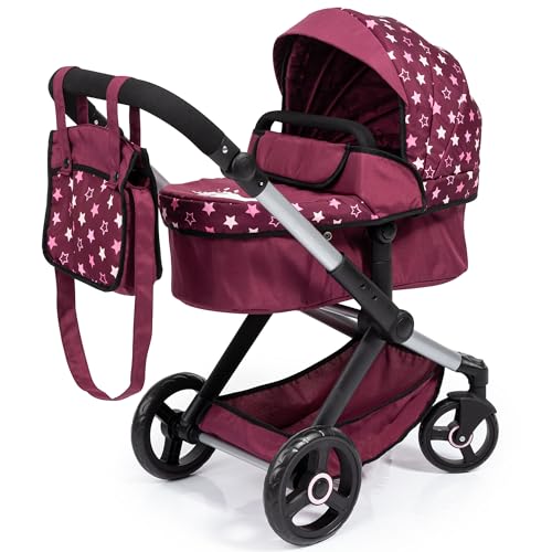 Bayer Design 17023AA Puppenwagen Xeo mit Tasche, höhenverstellbarer Griff, Schwenkschieber, wandelbar als Puppenjogger, bewegliche Vorderräder, integrierter Korb, Bordeaux, Rosa von Bayer Design