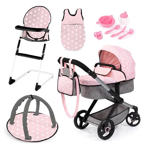 Bayer Design 17030AB Puppenwagen Xeo, Verstellbarer Griff, Schwenkschieber, wandelbar als Jogger, Schlafsack, Hochstuhl, Spielbogen, Puppenzubehör, Rosa, Grau von Bayer Design