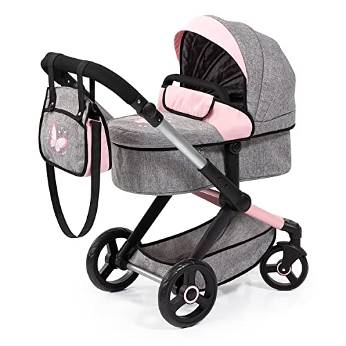 Bayer Design 17033AA Puppenwagen Xeo mit Tasche, höhenverstellbarer Griff, Schwenkschieber, wandelbar als Puppenjogger, bewegliche Vorderräder, integrierter Korb, Jeans-grau, rosa, weiß von Bayer Design