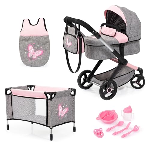 Bayer Design 17033AD Puppenwagen Xeo, Verstellbarer Griff, Schwenkschieber, wandelbar als Jogger, Schlafsack, Puppenbett, Zubehör, Jeans-grau, Rosa von Bayer Design