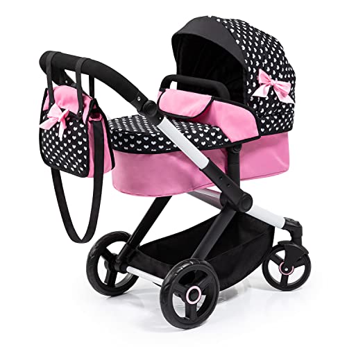 Bayer Design XEO 17060AA Puppenwagen Tasche, höhenverstellbarer Griff, Schwenkschieber, wandelbar als Puppenjogger, bewegliche Vorderräder, integrierter Korb, schwarz, rosa, weiß, M von Bayer Design