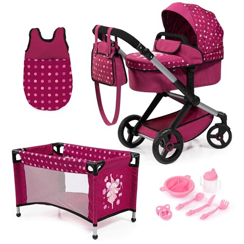 Bayer Design 17067AB Puppenwagen Xeo, Verstellbarer Griff, Schwenkschieber, wandelbar als Jogger, Schlafsack, Puppenbett, Zubehör, Bordeaux, Rosa von Bayer Design