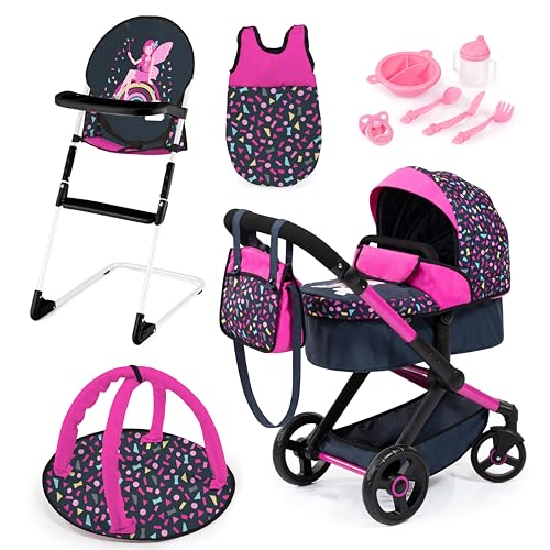 Bayer Design 17080AB Puppenwagen Xeo, Verstellbarer Griff, Schwenkschieber, wandelbar als Jogger, Schlafsack, Hochstuhl, Spielbogen, Puppenzubehör, Rosa, Schwarz von Bayer Design