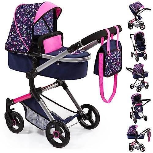 Bayer Design 18417AA Kombi Puppenwagen Neo Vario mit Wickeltasche und Einkaufskorb, umwandelbar in einen Sportwagen, höhenverstellbar, modern, blau, pink mit modernem Herzenmuster, Meerjungfrau, 52cm von Bayer Design