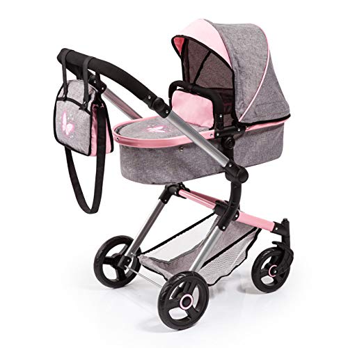 Bayer Design 18433AA Butterfly Kombi Puppenwagen Neo Vario mit Wickeltasche und Einkaufskorb, umwandelbar in einen Sportwagen, höhenverstellbar, grau Jeans-Optik, rosa, Schmetterling, 52cm von Bayer Design