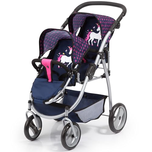 Bayer Design 26554AA Zwillingspuppenwagen für Puppen, modern, höhenverstellbarer Griff, zusammenklappbar, mit Einhorn Motiv, blau pink, 46 cm von Bayer Design