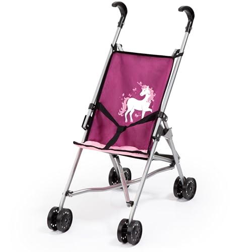 Bayer Design 30537AA Puppenbuggy, zusammenklappbar, Doppelräder, Sicherheitsgurt, aus Metall, Pink, Rosa, Einhorn von Bayer Design