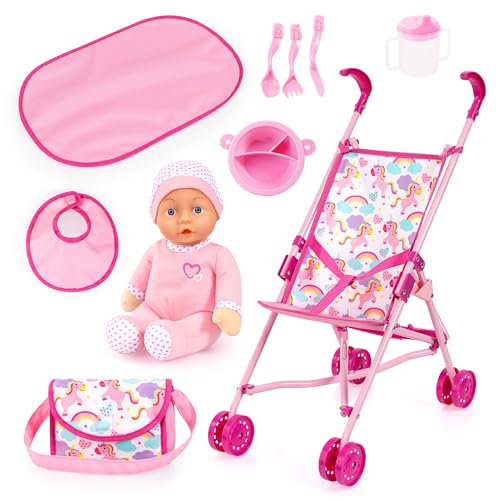 Bayer Design 30585AB Faltbarer Puppenbuggy, Doppelräder, mit weicher Babypuppe, Tasche, Zubehör, Rosa von Bayer Design