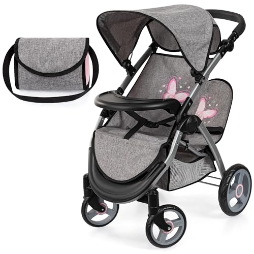 Bayer Design 39433AA Zwillingspuppenwagen, Puppenwagen, Geschwisterwagen, höhenverstellbar, klappbar, Tasche, Jeans-grau, Rosa von Bayer Design