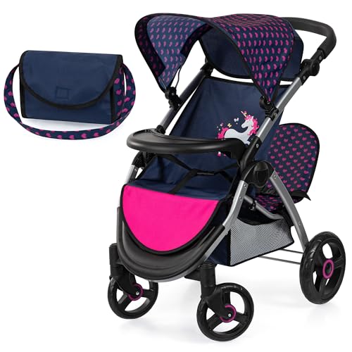 Bayer Design 39454AA Zwillingspuppenwagen, Puppenwagen, Geschwisterwagen, höhenverstellbar, klappbar, Tasche, Blau, Rosa, Einhorn von Bayer Design