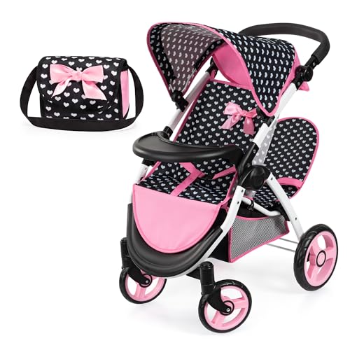 Bayer Design 39460AA Zwillingspuppenwagen, Puppenwagen, Geschwisterwagen, höhenverstellbar, klappbar, Tasche, Schwarz, Rosa, Weiß von Bayer Design