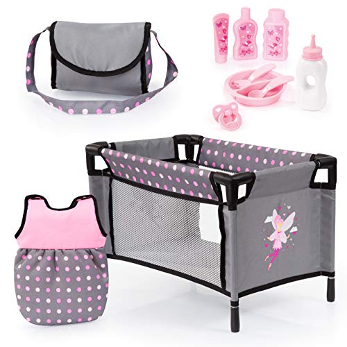 Bayer Design 61766AB Puppenbett, Puppenschlafsack, Tasche, Puppenzubehör, Spielset für Babypuppen, Grau, Pink, Fee von Bayer Design